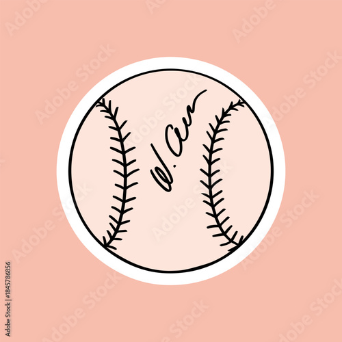 Baseball Ball Pink Sticker with Signature, autograph. Vector hand drawn doodle illustration. Girly