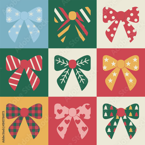 Christmas ribbon bow pattern illustration set with decorative gift wrapping ornaments festive flat vector background elements