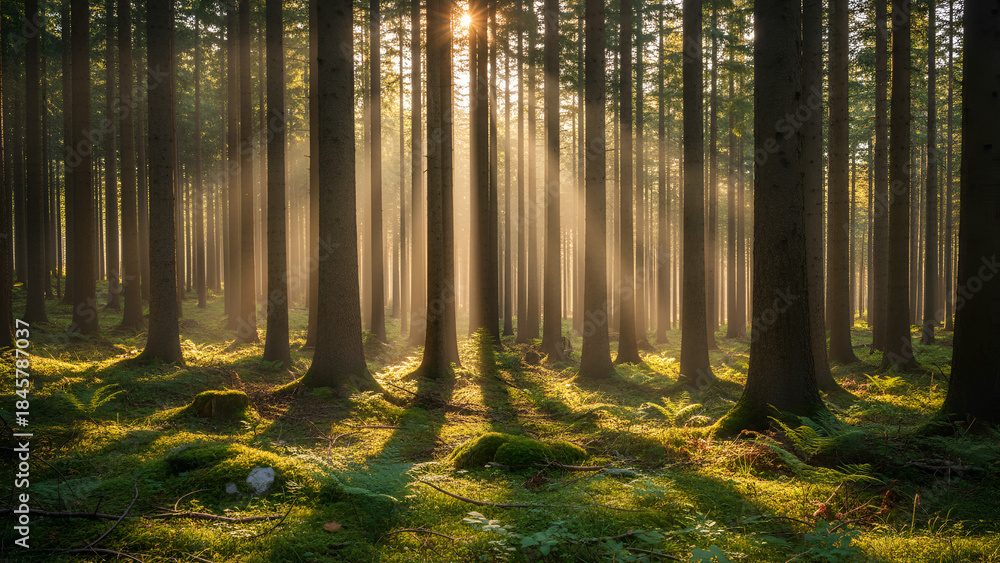 Fototapeta premium Sunlit Forest Symphony — Golden Rays Through Tall Pines & Serene Woodland Dawn