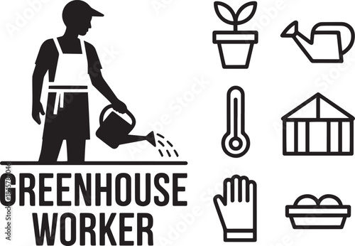 Greenhouse worker watering plants with a watering can surrounded by gardening icons