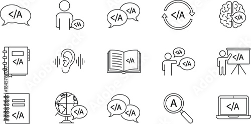 Artificial intelligence communication icons set featuring AI chat, language processing, learning, translation, conversation, education, smart technology vector illustration