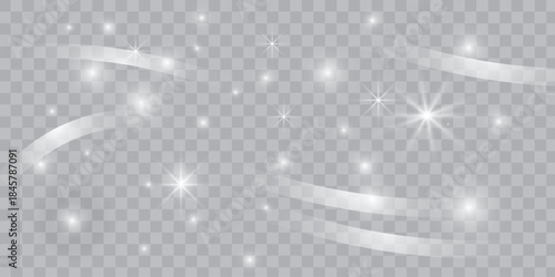 Abstract magical light trails and sparkling stars overlay effect on transparent background