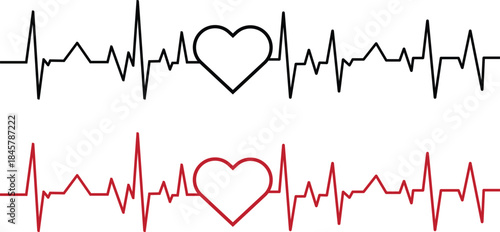 Black and red heartbeat EKG lines with heart symbols 