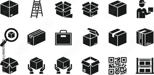 Logistics and packaging icons set featuring boxes, delivery, storage, warehouse, shipping, handling, inspection, QR code, supply chain vector