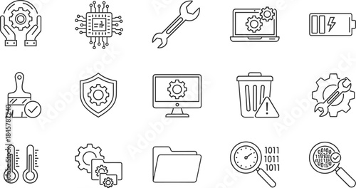 System maintenance and technical support icons set featuring settings, tools, diagnostics, optimization, software management, repair vector illustration collection