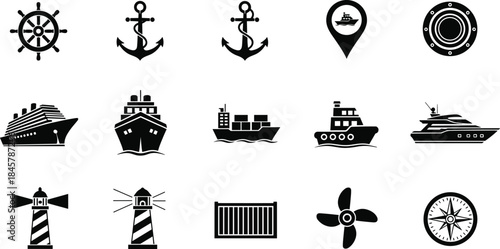Nautical and marine ship icons set featuring anchor, cruise ship, lighthouse, compass, cargo vessel, navigation sea vector collection