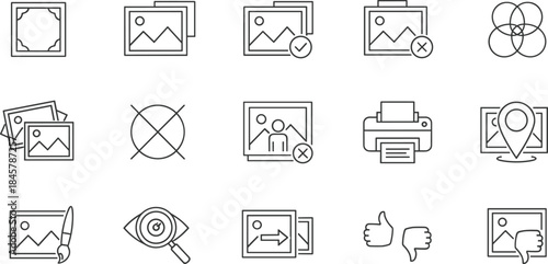 Photo management and image gallery icons set for editing, approval, deletion, printing, sharing, rating, location tagging, vector