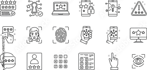 User rating and authentication icons set featuring reviews, security, biometric verification, mobile feedback, trust system vector illustration collection