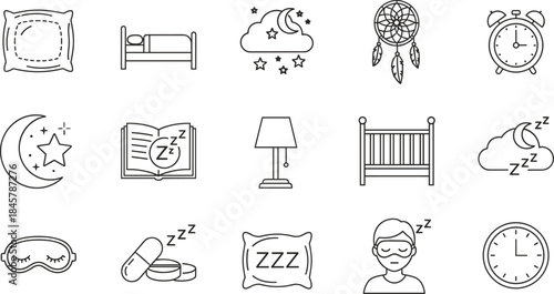 Sleep and bedtime icons set featuring pillow, bed, alarm clock, dreams, night routine, relaxation, insomnia treatment vector illustration