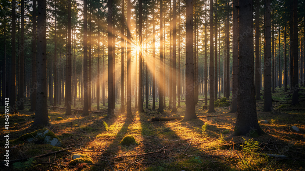 Fototapeta premium Sunlit Forest Cathedral — Golden Rays Through Tall Pines & Woodland Glow
