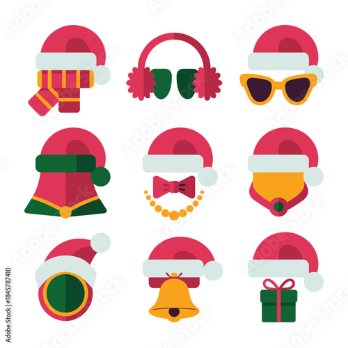 Festive Santa hat and winter accessory icon collection with scarves earmuffs bells gifts flat vector illustration