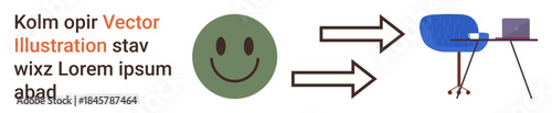 Communication, productivity, office work, digital connectivity, emotional balance, workplace efficiency. happy face with arrows leading to a desk, chair and laptop. Communication and productivity
