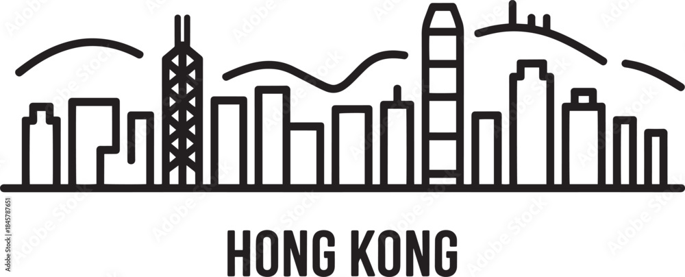 Obraz premium Hong kong city skyline line art vector illustration of urban landscape and mountains