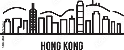 Hong kong city skyline line art vector illustration of urban landscape and mountains