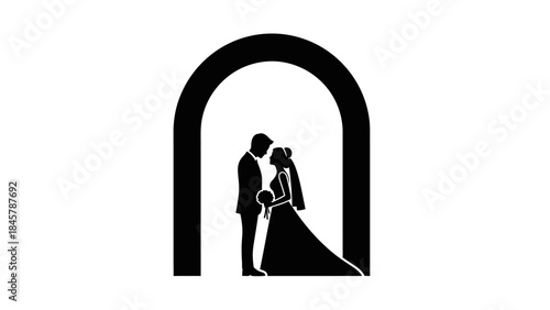 Silhouette of a bride and groom standing under an archway, symbolizing marriage and celebration.