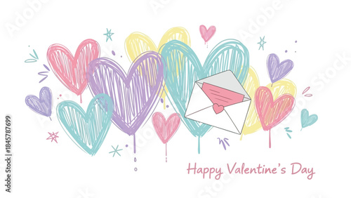 Colorful hand drawn hearts with envelope on valentine's day greeting card background
