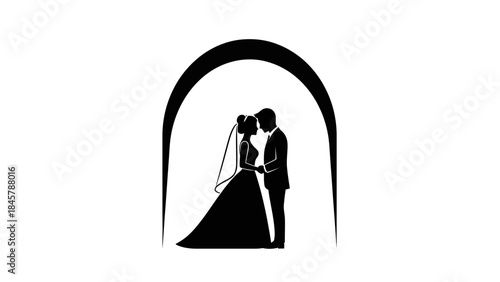 Silhouette of a bride and groom standing under an arch, symbolizing love and marriage.