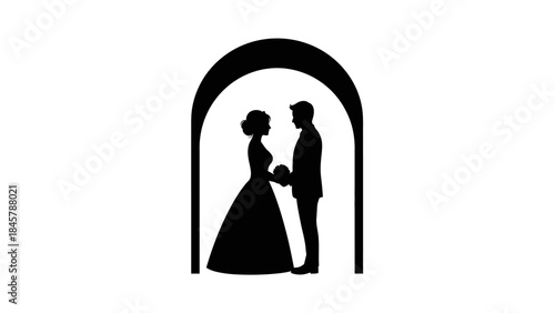 Silhouette of a bride and groom standing together under an arch, symbolizing marriage and commitment.