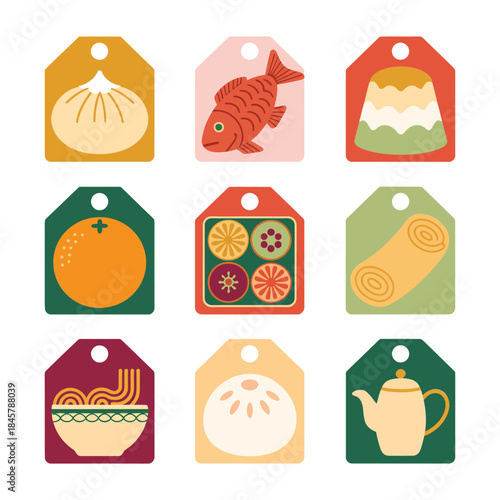 Grocery food tag icon set with fish bread dumpling soup fruit kitchen market label flat vector illustration collection