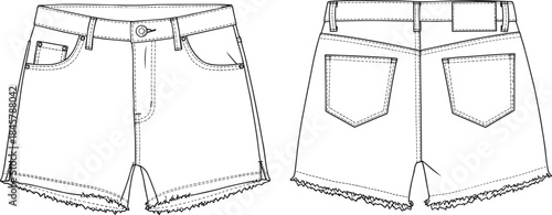 CAD drawing flat vector illustration of women’s denim shorts fashion template, front and back view, frayed raw hem design