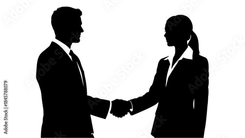 Silhouettes of a man and woman shaking hands, representing business agreement and partnership.