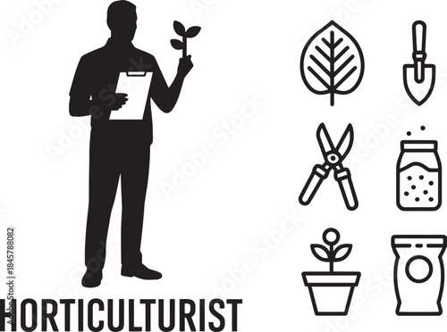 Horticulturist working in garden with plant sprout and gardening tools silhouette icons