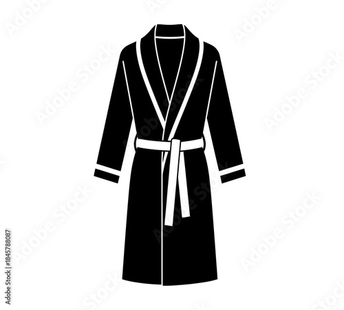 A simple black and white illustration depicts a hanging bathrobe with a defined shawl collar and tie