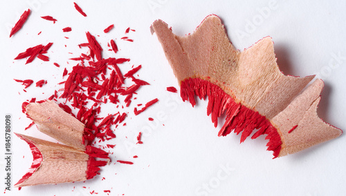 Wooden red shavings of lead pencil on white background, top view