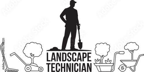 landscape technician working with shovel, surrounded by trees, lawnmower, and wheelbarrow