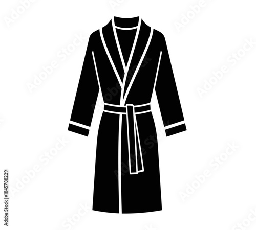 A simple black and white illustration depicts a classic long open front bathrobe with a tie belt