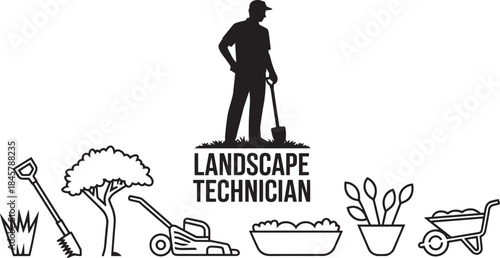 landscape technician digging with shovel, surrounded by various garden tools and plants