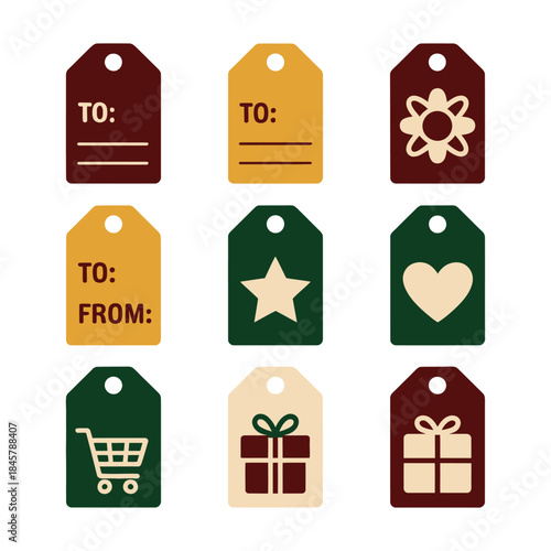 To from gift label and sale tag icon set with heart star shopping elements flat vector illustration collection