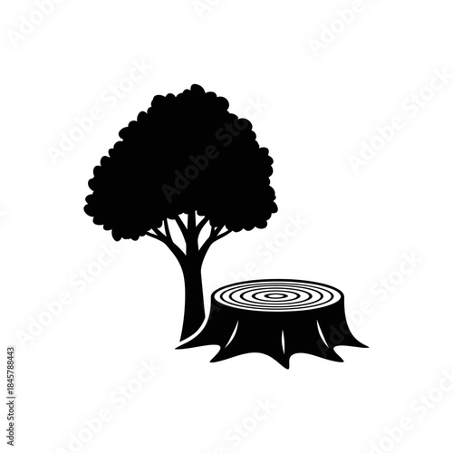 Black silhouette of a tree and a tree stump on a white background, symbolizing deforestation and nature's cycle.