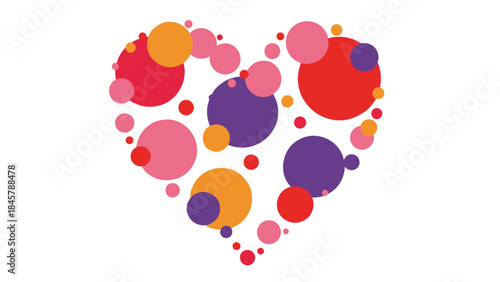 Colorful heart shape made of multicolored circles in red, purple, pink, and orange hues on white background