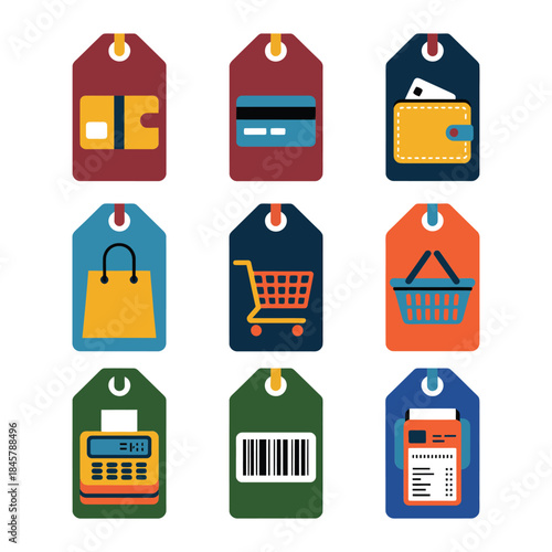 Payment and commerce price tag icon set with card wallet cart barcode shop elements flat vector illustration collection