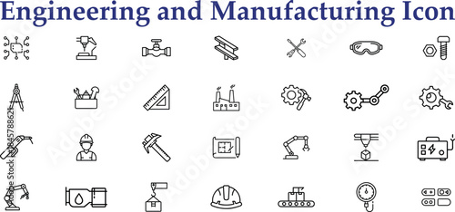Collection of 28 engineering and manufacturing icon for industry and technological concepts isolated on transparent background