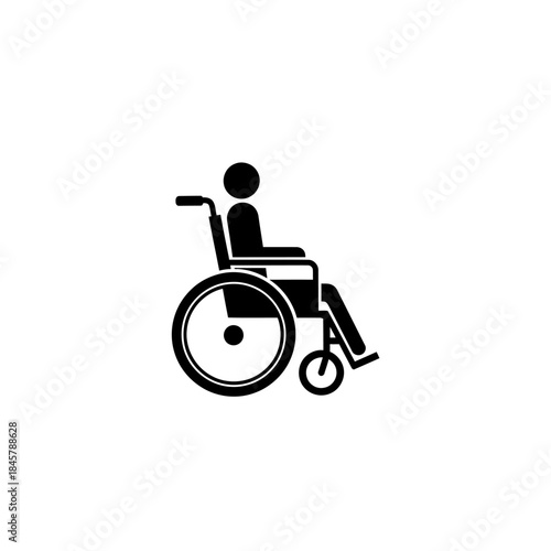 Simple black and white icon of a person in a wheelchair, symbolizing accessibility and disability support.