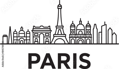 Paris skyline outline art. eiffel tower and triumphal arch cityscape with text paris