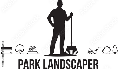 park landscaper sweeping with rake, surrounded by park bench, trees, and wheelbarrow