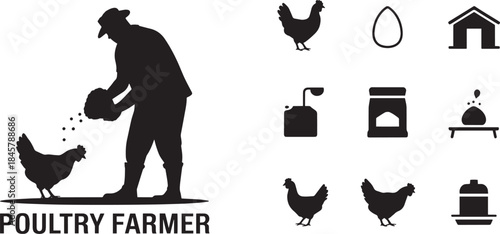 Poultry farmer feeding chickens with farm elements for egg production and agriculture set