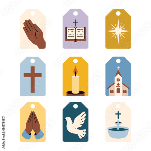 Sacred religion tag icon collection with bible dove cross church worship flat vector illustration design set elements symbols