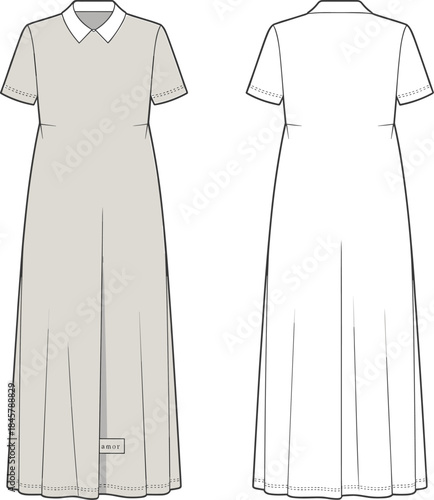 Cad drawing flat vector illustration of women’s short sleeve collar dress, front and back view, fashion design sketch template