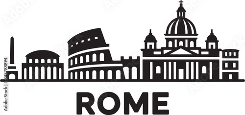 Rome city skyline with famous landmarks travel destination solid silhouette illustration