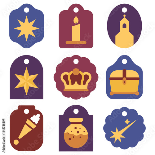 Royal celebration gift tag icon collection featuring crown candle church star treasure chest ceremonial flat vector illustration design