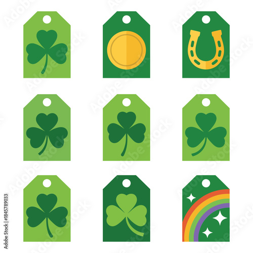Konstfotografi Saint Patrick themed gift tag icon collection featuring shamrock clover horsesho