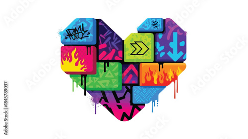Vibrant colorful heart shaped graffiti artwork with arrows and flames on blocks