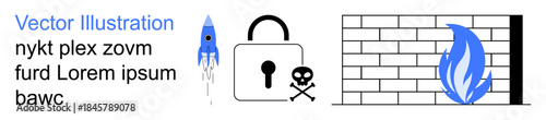 Cybersecurity, data protection, online safety, threats mitigation, secure access, digital barriers. A lock with a skull, rocket firewall and flame icons key . Cybersecurity and data protection