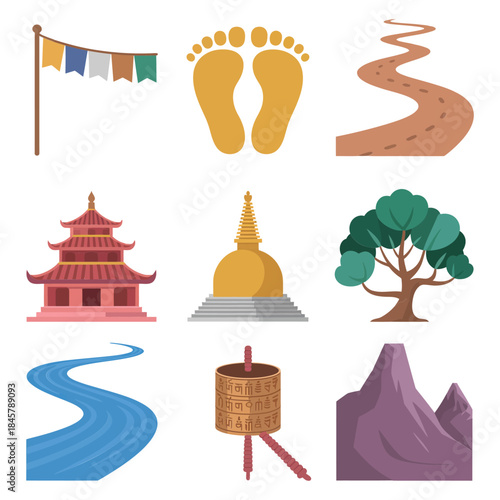 Spiritual pilgrimage icon collection, temple pagoda sacred footsteps river path prayer flags, religious journey, flat vector illustration