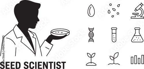 Seed scientist holding a petri dish surrounded by various biotechnology and seed icons