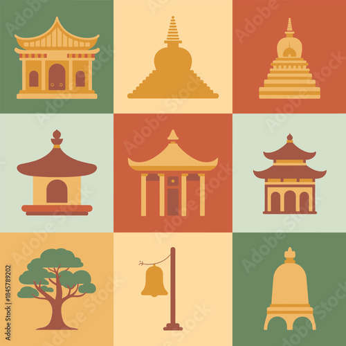 Buddhist temple and stupa icon set, pagoda shrine bell sacred tree symbols, spiritual architecture elements, flat vector illustration